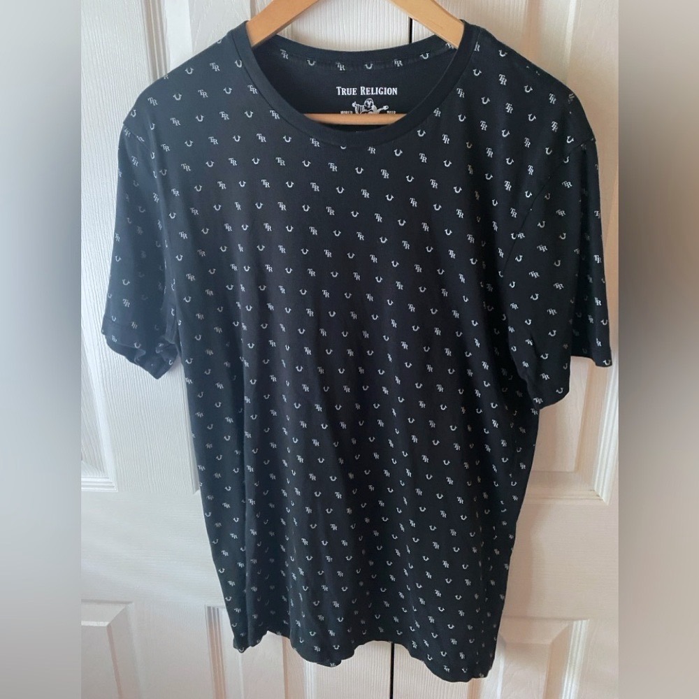 TRUE RELIGION Black and White All-Over Monogram Graphic Short Sleeve T-Shirt M
